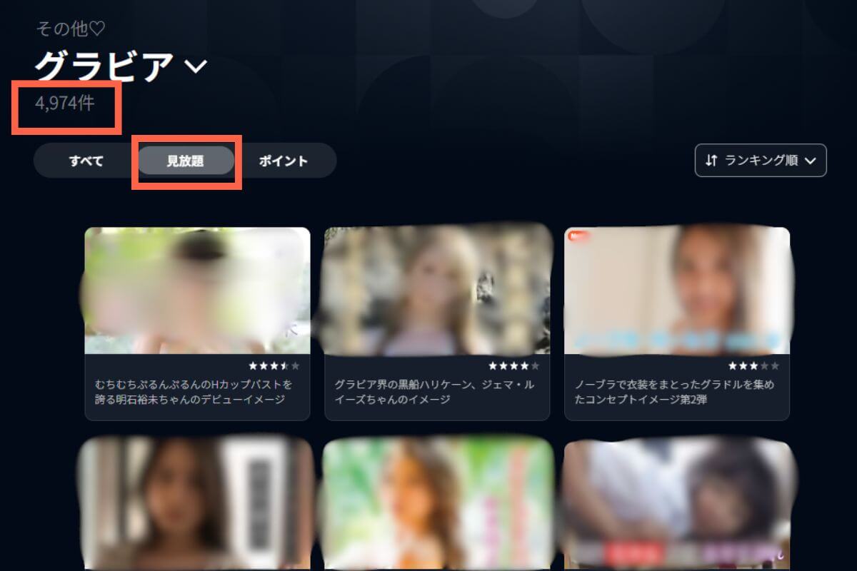U-NEXTのグラビア動画ジャンルで見放題フィルタをかけ4,974件と表示されている画面