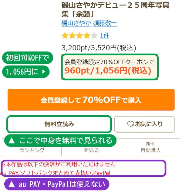 コミックシーモアの『余韻』の商品ページ。初回70%OFFで1,056円の表示と無料立読みボタン